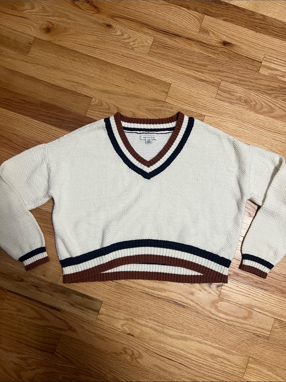 American Eagle Outfitters Ivory V-Neck Sweater with Navy & Brown Trim